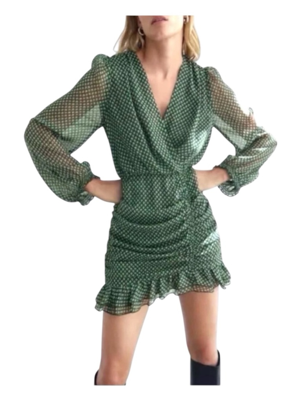 ZARA Draped Mini Dress w/Metallic in Deep Hunter Green, Size L.